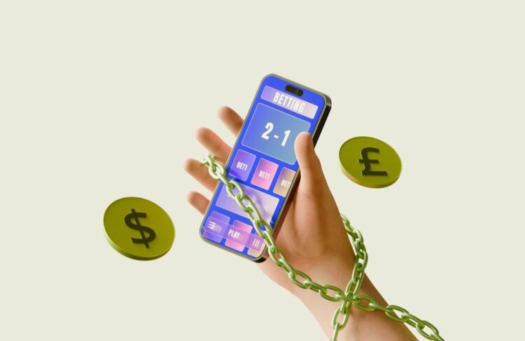 Chained hand holding smartphone calculator with dollar and pound coins