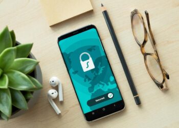 A smartphone displaying a security lock icon on a wooden desk with a succulent
